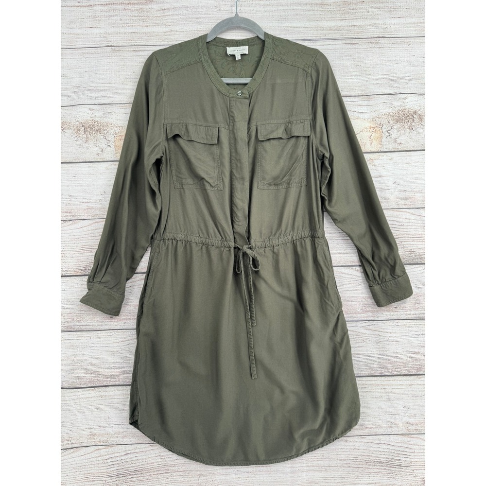 Lucky Brand Shirt Dress Women M Olive Green Utility Embroidered Drawstring Waist